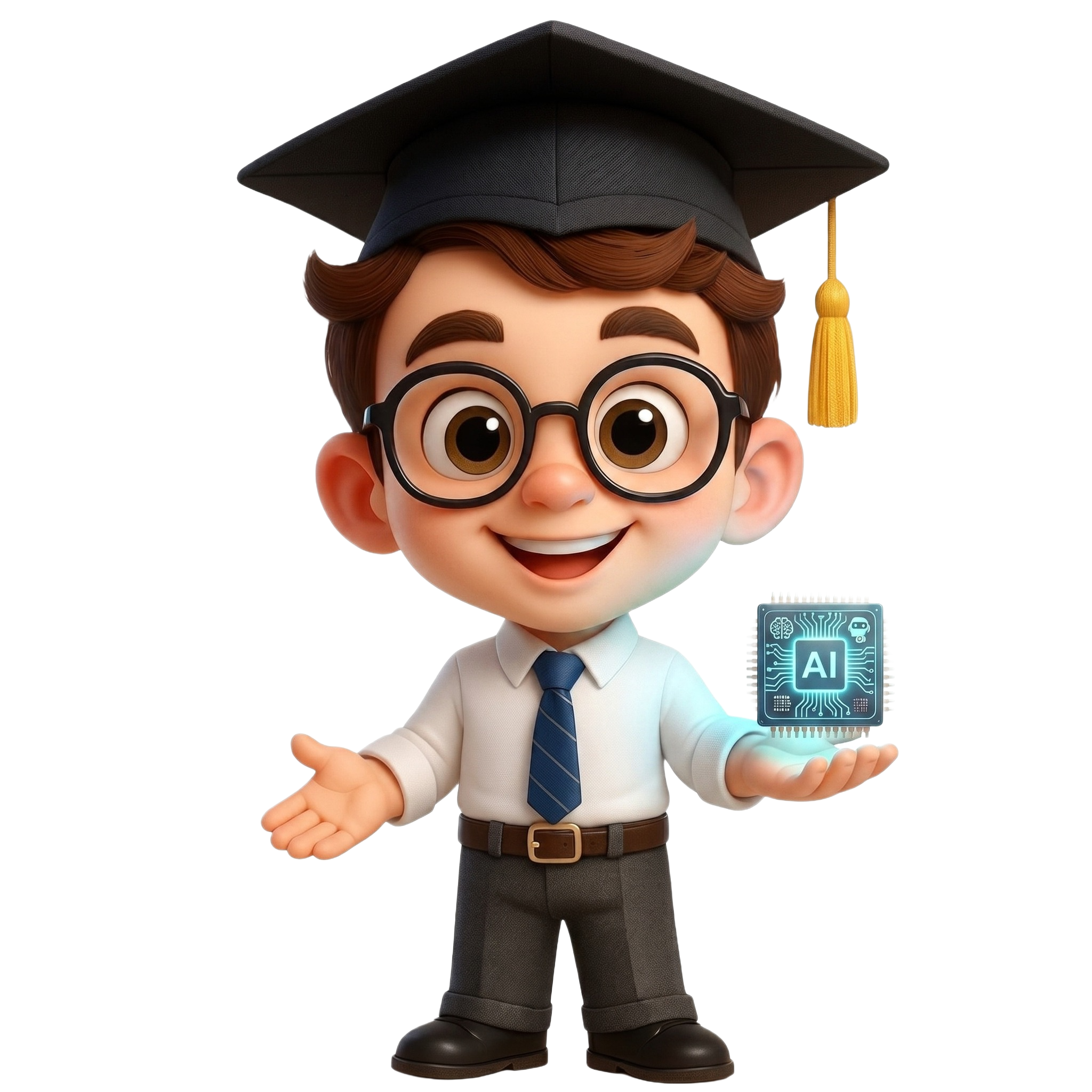 Mr. English AI Teacher holding an AI chip